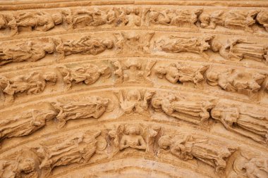 Villalcazar de Sirga 'daki Santa Maria la Blanca Roma Kilisesi' nin detayları, Palencia Eyaleti, İspanya 'daki Castilla Leon.