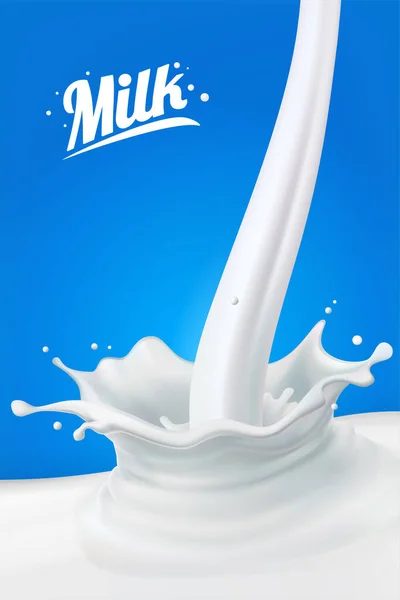 Mjölkstänk Abstrakt Realistisk Mjölk Droppe Med Stänk Isolerad Blå Bakgrund — Stock vektor