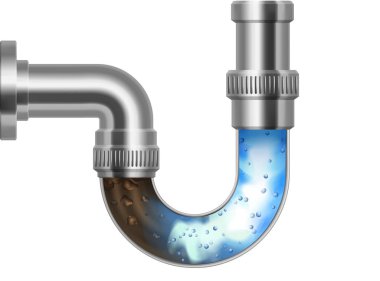 Gerçekçi drenaj borusu çamurla tıkanmış, izole edilmiş 3 boyutlu set. Sıvı deterjan etkisindeki lavabo borusu. Kirli su borularını temizleyen güçlü kimyasal maddeyle lavabo açıcı için reklam şablonu
