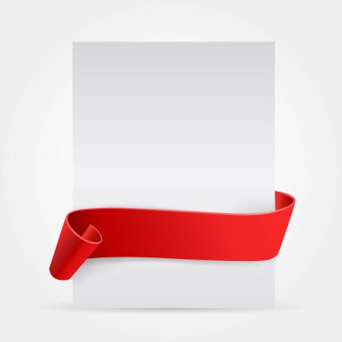 Beyaz arka plan üzerine beyaz bir sayfa etrafında kırmızı kağıt afiş. Tebrikler. Büyük kart. Boşluk. Kırmızı kurdele. Kağıt parşömen. Vektör