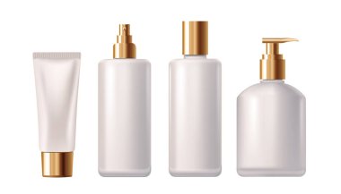 Gerçekçi kozmetik şişe seti. Pompa şişesi, serum kutusu. Kozmetik krem tüpü. Altın kaplamalı flakon, minimalist güzellik tasarım vektörü için maket