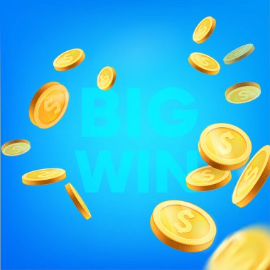 Büyük başarı. Mavi arka planda uçan paralar. Ödül, şans, piyango. tasarım için öge.