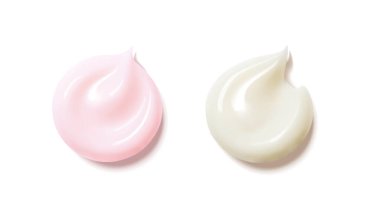 Set Cream texture strokes, pink and white.Face Cosmetic. Liquid cosmetic smears. Face skin product. cream, gel, lotion, foam. Realistic Vector