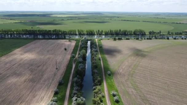 Beautiful Unusual Landscape Tributary River Parallel Roads Fields Propulsion High — Video