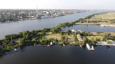 Kherson, Ukraine - June 6th 2023: Peaceful life of the city of Kherson. Dnieper River. High quality aerial photo