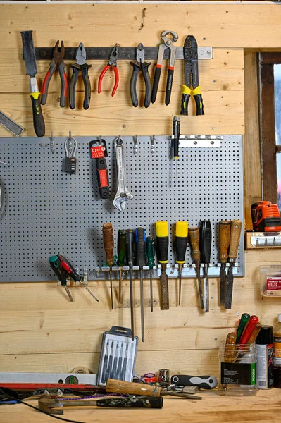 Tools Hanging Wall Workshop Home Kumla Sweden October 2022 — Stock Photo, Image