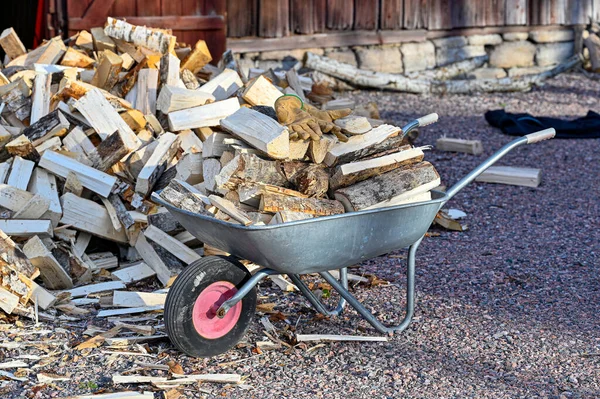 Pile Firewood Infront Red Barn Kumla Sweden November 2022 — Stock Photo, Image