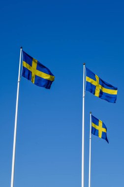 İsveç bayrağı bayrak direğinde ve açık mavi gökyüzü ulusal gün 6 Haziran 2023 Kumla İsveç