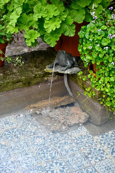 Hermosa Fuente Agua Con Baldosas Cerámica Jardín Suecia Agosto 2023 — Foto de Stock