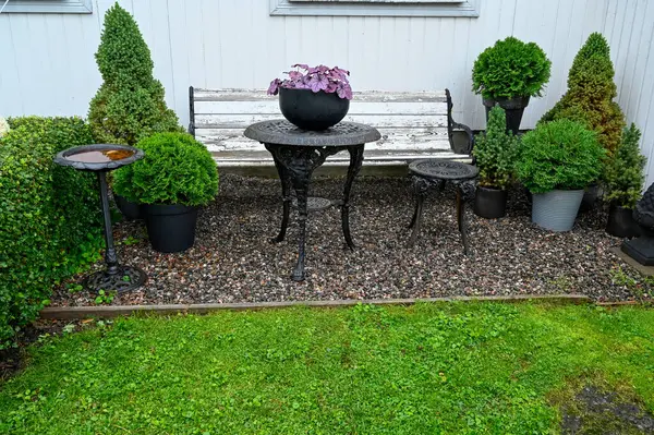 Old garden furniture with evergreens and flowers Orebro Sweden august 12 2023
