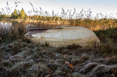 10 Ekim 2023 'te İsveç' te Hallsberg Gölü yakınlarında çimlerin üzerinde baş aşağı duran küçük bir tekne.