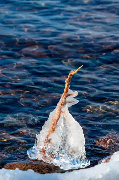 Natural ice sculpture around stick near lake Motala Sweden February 9 2024