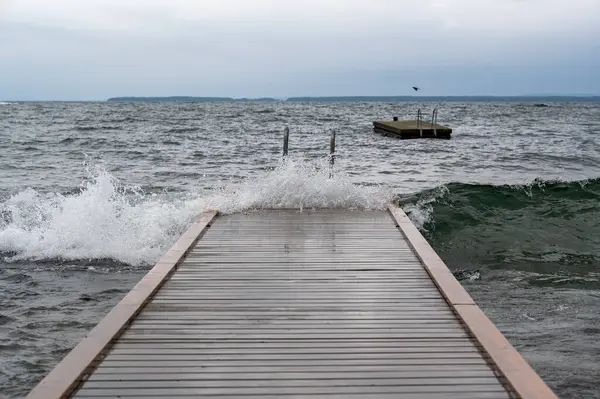 Stock image Bathing jetty in windy weather Vastanvik Motala Sweden August 23 2024