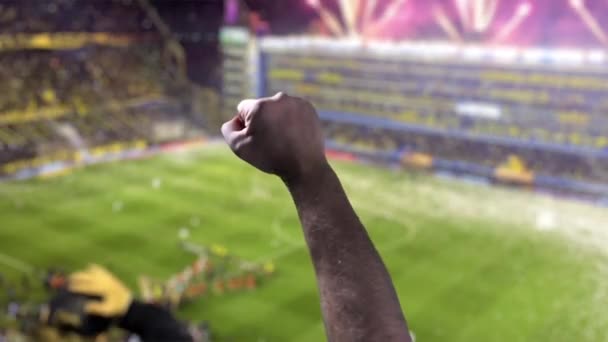 Υψωμένη Γροθιά Θεατή Κατά Διάρκεια Ποδοσφαιρικού Αγώνα Στο Θολωμένο Στάδιο — Αρχείο Βίντεο