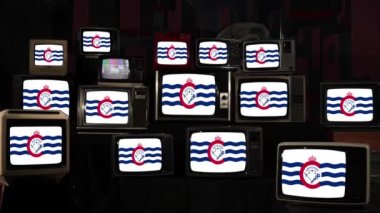 Cincinnati, Ohio ve Vintage Televisions bayrağı. 4K Çözünürlüğü.