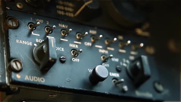 Cockpit Old Military Aircraft Radio Panel Many Levers Switches Close — Stock Video