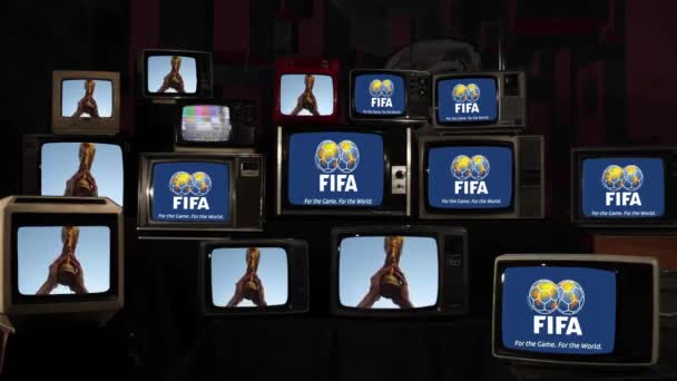 Fifa World Cup Trophy Fifa Logo Vintage Televisions Inglés Resolución — Vídeo de stock