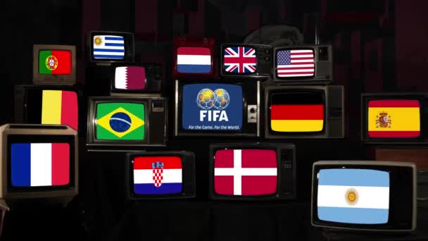 Fifaワールドカップ候補者 世界の旗 ヴィンテージテレビのFifaワールドカップトロフィー 4K解像度 — ストック動画