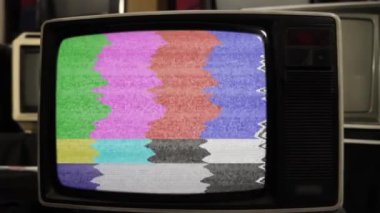 Old Television Turning On Test Card or Test Pattern Signal. Close Up. 