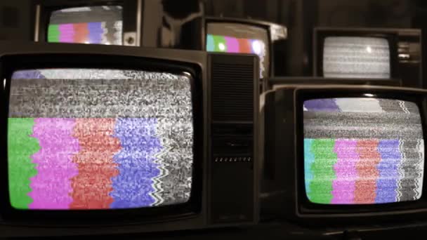 Retro Turning Chroma Key Green Screen Many Vintage Televisions Static — Stock Video
