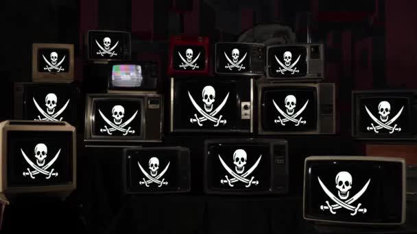 Jolly Roger Pirate Flag Pirate Flags Och Vintage Televisions Upplösning — Stockvideo