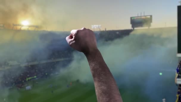 Raised Fist Spectator Tijdens Een Voetbalwedstrijd Wazig Stadion — Stockvideo