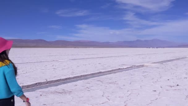 Žena Walking Salinas Grandes Salt Flat Jujuy Province North West — Stock video