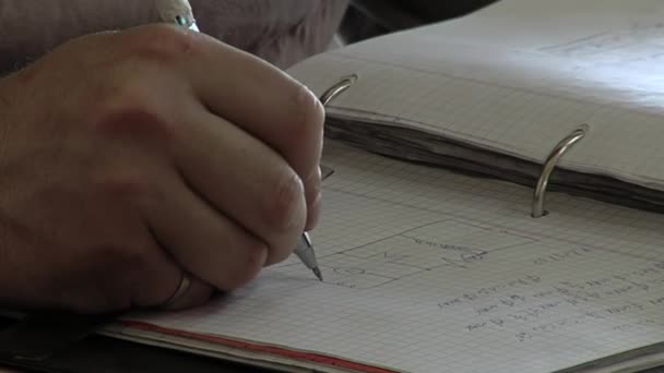 阿根廷一所监狱的囚犯教育课期间 狱友在笔记本上画了一张电气图 特写镜头 — 图库视频影像