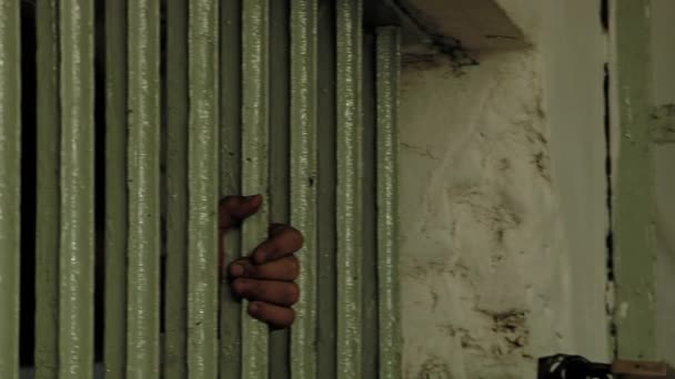 Руки Решеткой Рука Заключенного Держащего Железные Решетки Своей Камеры Тюрьме — стоковое видео