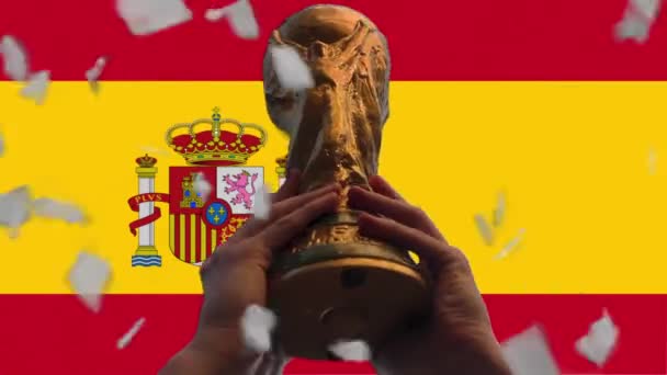 Трофей Чемпіонату Світу Футболу Проти Прапора Іспанії Закрийся Resolution — стокове відео