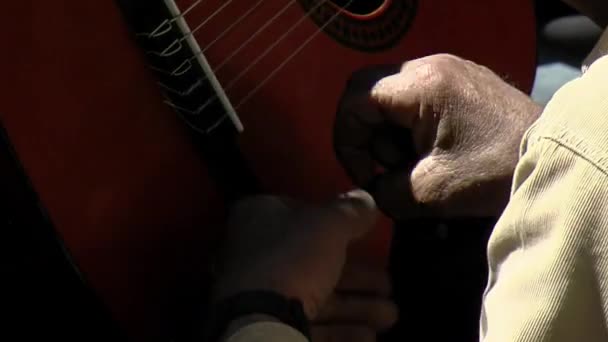 Anciano Golpeando Cuerpo Una Guitarra Mientras Otro Hombre Toca Neuquén — Vídeos de Stock