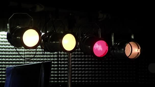 Colourful Spotlights Hanging Rig Batten Stage Performance Close — Vídeo de Stock