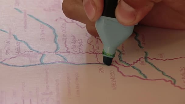 Argentine Primary School Boy Highlighter Working Map Neuquen Province Close — Vídeo de stock