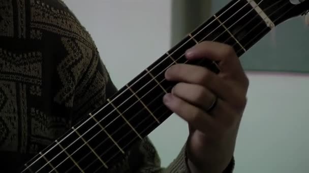Young Man Playing Classical Guitar Class Close — Stock Video