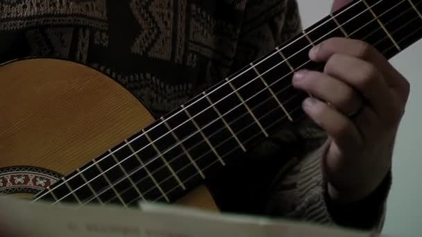 Young Man Playing Classical Guitar Class Close — Video