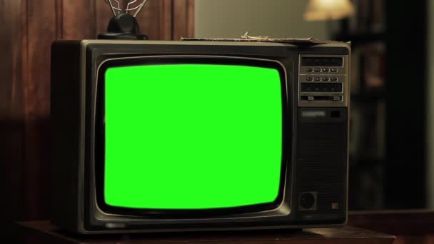 Vieux Téléviseur Avec Écran Vert Esthétique Des Années Gros Plan — Video