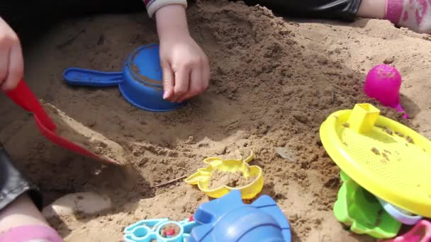 Kum Havuzunda Oynayan Küçük Kız Kum Oyuncaklarıyla Oynayan Küçük Çocuk — Stok video