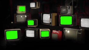 Eski Televizyon Setleri, Retro Vintage Televizyon Yığını, Bazı TV 'ler Yeşil Ekranı Açar. Yakınlaştır.  