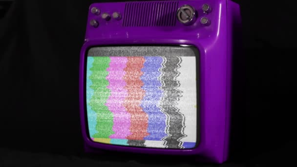 Old Purple Television Turning Green Screen Color Bars Close You — Stock Video