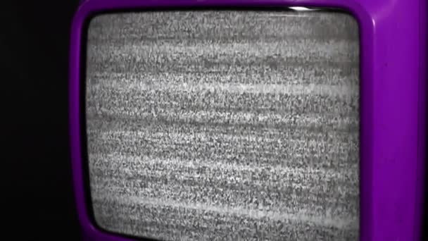 Old Purple Television Turning Green Screen Static Noise Close — Stock Video