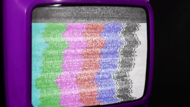 Old Purple Television Turning Green Screen Static Noise Color Bars — Stock Video