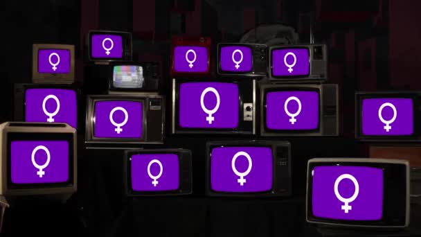 フェミニスト運動とヴィンテージテレビのシンボルでフラグを立てます 国際女性デーのコンセプト 4K解像度 — ストック動画