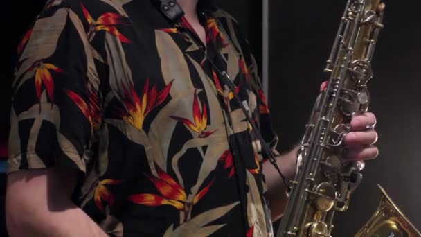Saksofonista Grający Saksofonie Studiu Nagraniowym Zamknij Się Rozdzielczość — Wideo stockowe