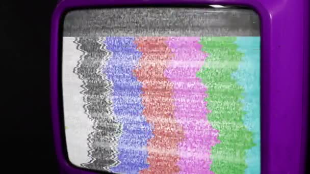Old Purple Television Turning Static Noise Color Bars Close — Stock Video