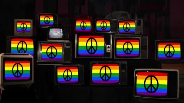 虹の旗とヴィンテージテレビの平和のシンボル 4K解像度 — ストック動画