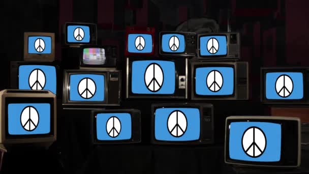 Logo Van Campagne Voor Nucleaire Ontwapening Cnd Vredessymbolen Vintage Televisies — Stockvideo