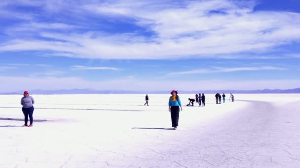 Mujer Caminando Salinas Grandes Salt Flat Provincia Jujuy Noroeste Argentina — Vídeo de stock