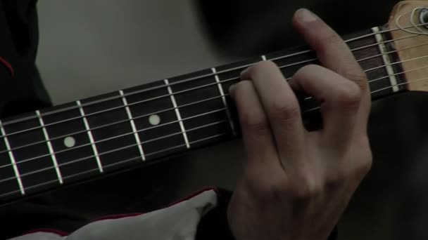 Hands Man Playing Electric Guitar Dark Room Закрыть — стоковое видео