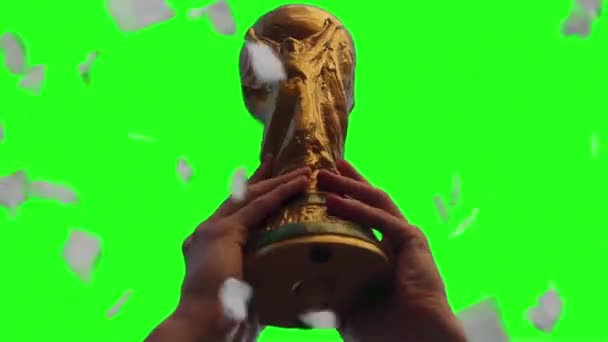 Fifa World Cup Trophy Replica Deluge Papers Green Screen Close — Stock Video