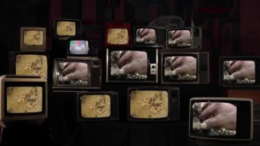 Retro Televizyonlarda Arıların Arılarındaki Adam 'ın Eli. 4K Çözünürlüğü.